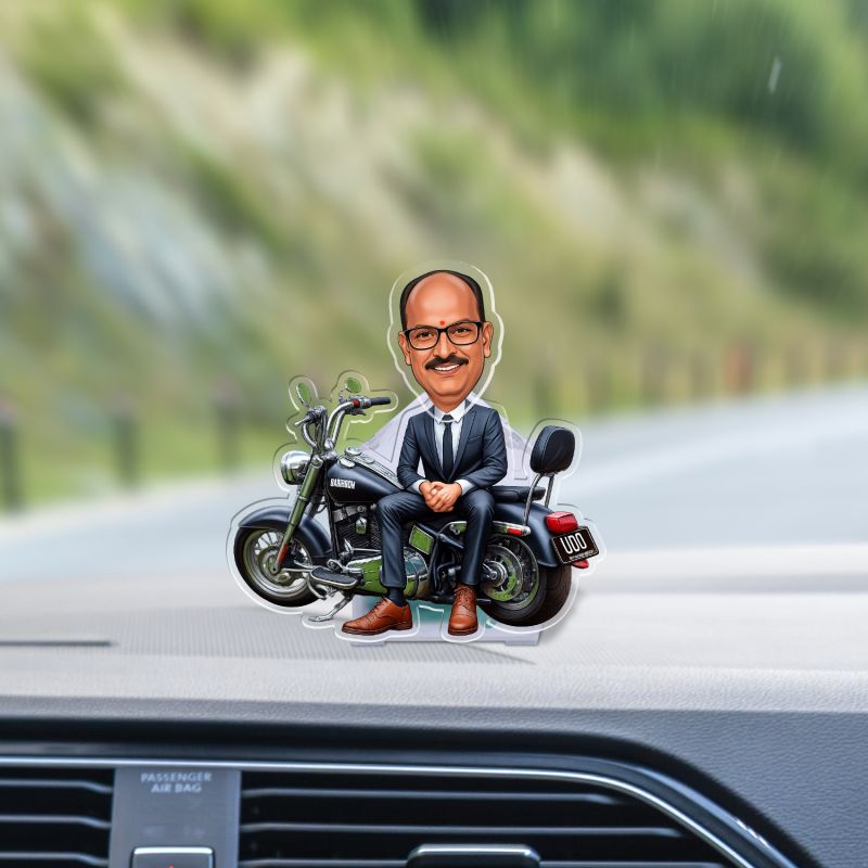 Personalized Bobblehead Caricature Figurine with Motorcycle, Custom with Funny Face Cutout Solar Powered with Moving Head for Car Dashboard & Tabletop Funny